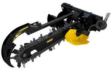 Side view of a Bigfoot 1200 standard flow trencher attachment for skid steers, featuring a black frame, yellow digging chain, and hydraulic hoses.
